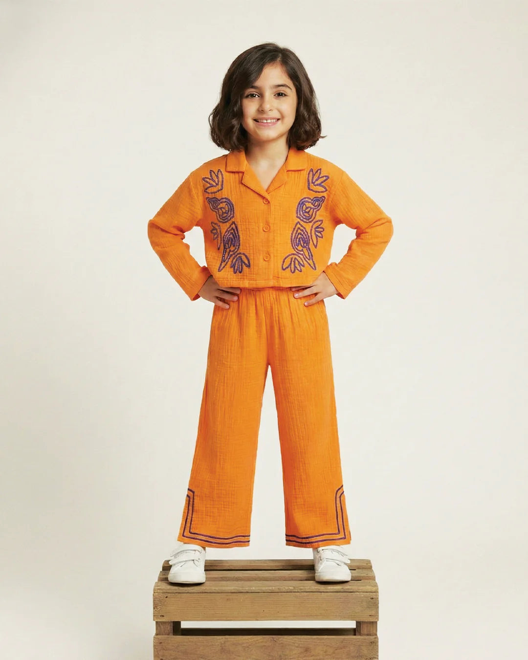 Orange Cotton Gauze Embroidered Set